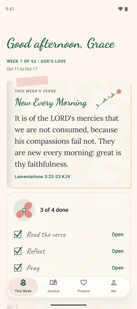 Prayer Journal for Women home screen with this week's Bible verse