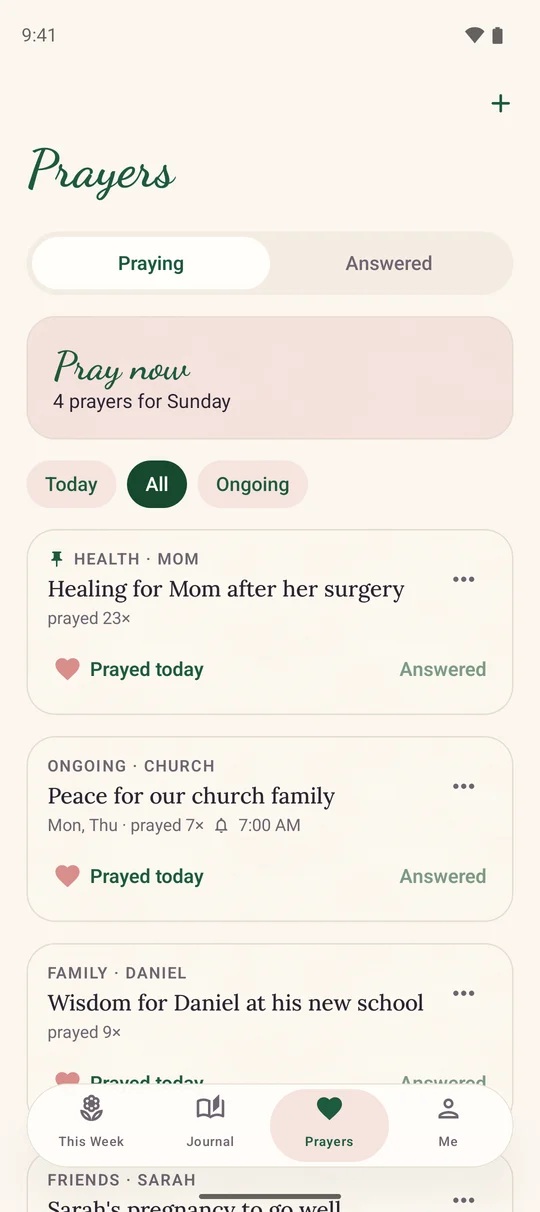Prayer list with pinned and ongoing prayers